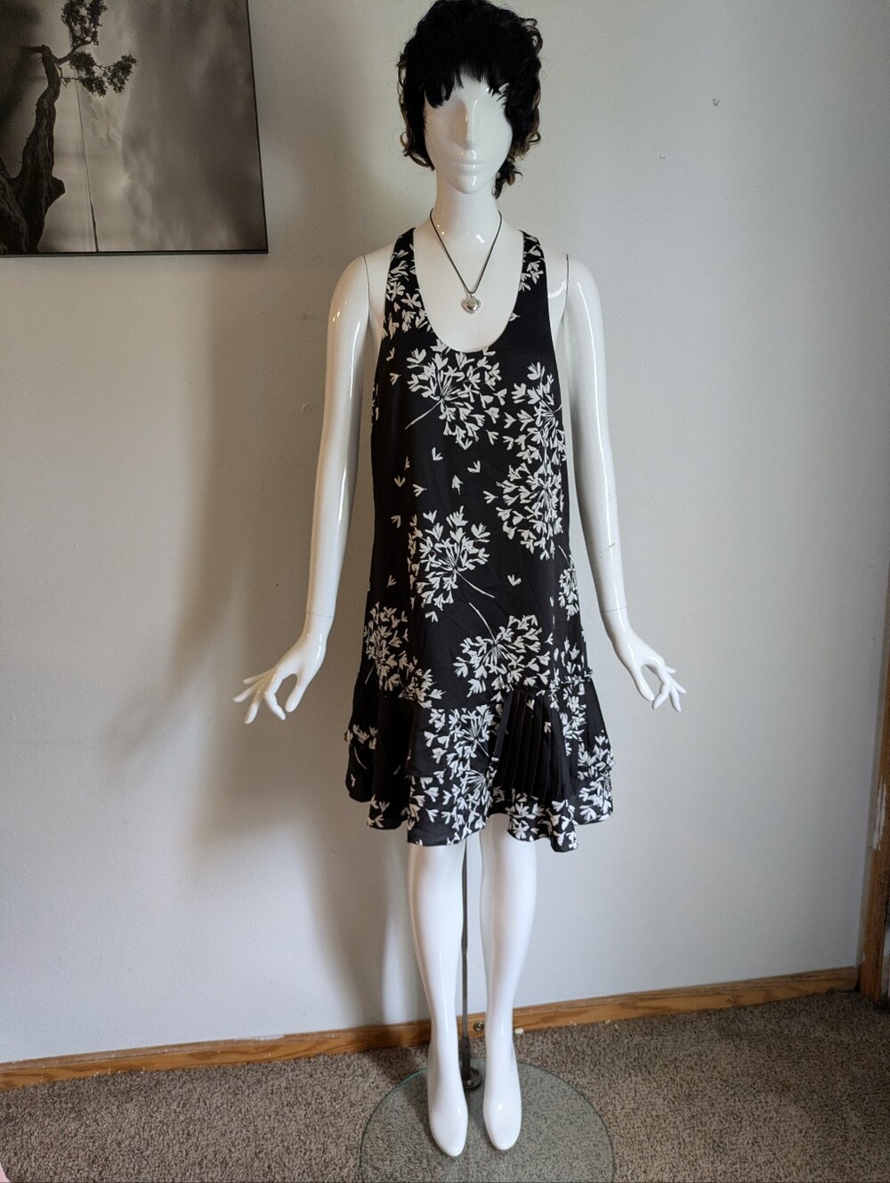 Banana Republic Black White Floral Sleeveless Ruffle Hem Dress Women Size 10
